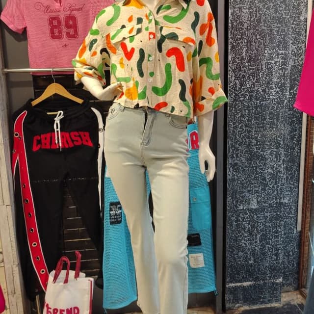 Cream, Green, Red, Orange, Blue Shirt