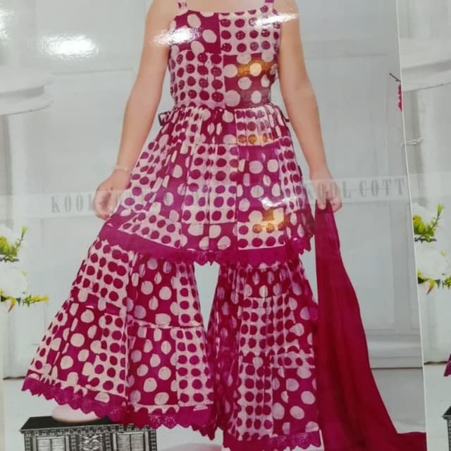 Fuchsia and White Polka Dot Sharara Set