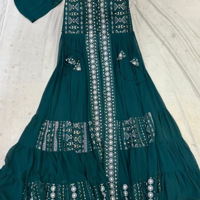 Teal with silver and white embellishments Anarkali Suit