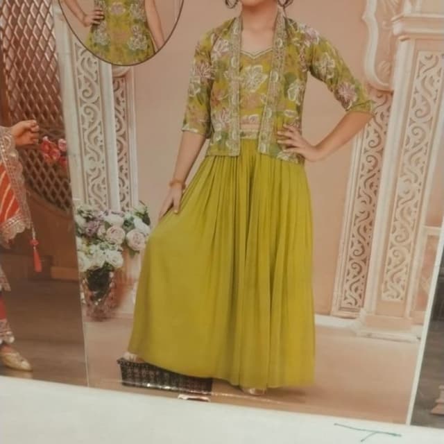 Olive green with floral print in pink, white, and green Lehenga Choli