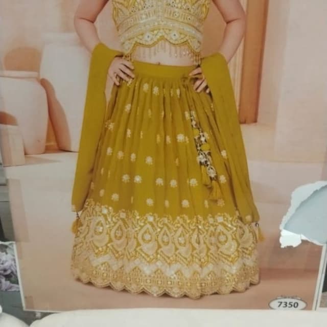 Mustard Yellow, Gold, White Lehenga Choli