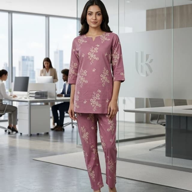 Dusty Rose with Beige floral print Pajama Set