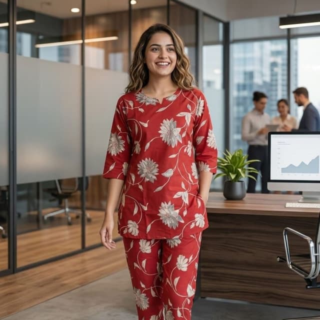 Red with White and Grey floral print Pajama Set (Top and Bottoms)