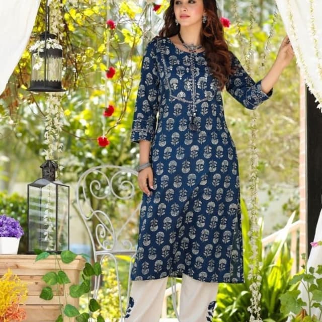 Blue with white/off-white print Kurta and Pants Set