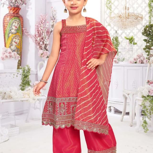 Pink, Gold, Silver Kurta with Palazzo Pants and Dupatta