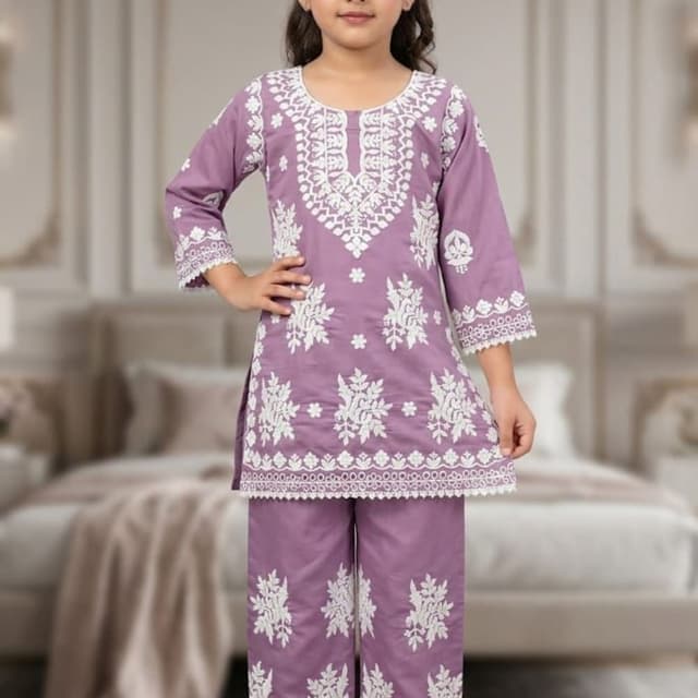 Purple with White Kurta and Pants Set