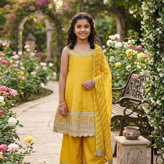 Yellow, White, Gold Kurti with Palazzo and Dupatta