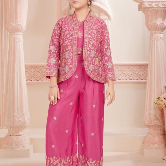 Bright Pink with floral embroidery in shades of yellow, green, blue, and white Jacket, Crop Top, and Palazzo Pants Set