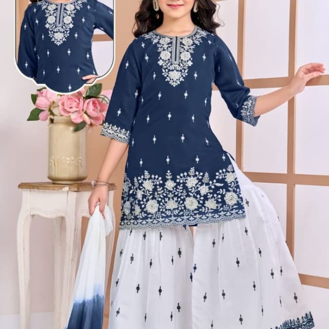 Navy Blue and White Sharara Suit Set
