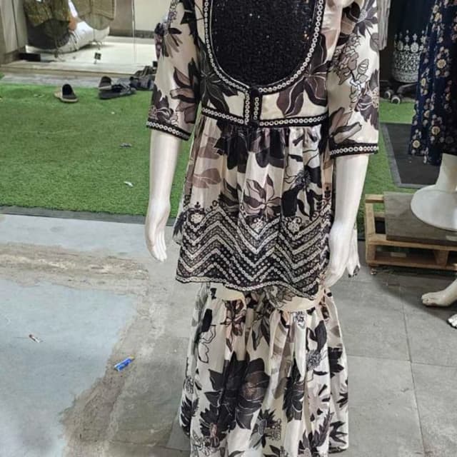 Black, White, Beige with Dark Brown floral print Kurti with Sharara