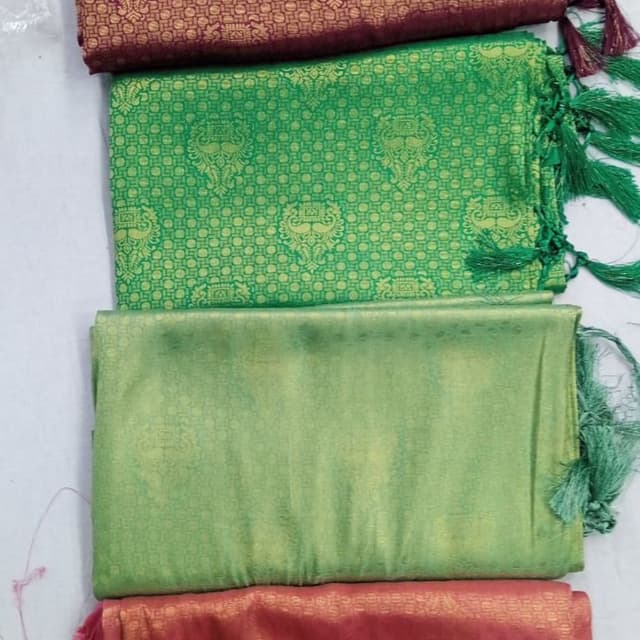 Maroon, Green, Light Green, Pinkish Red with Gold accents Saree