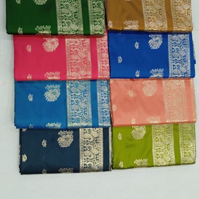 Green, Mustard Yellow, Pink, Royal Blue, Navy Blue, Peach, Lime Green with Gold accents Sarees