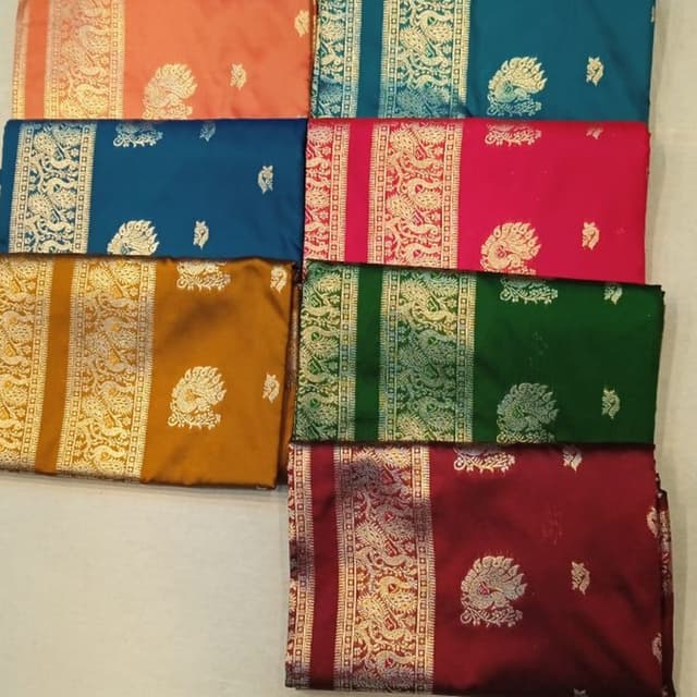 Green, Teal, Orange, Blue, Pink, Mustard Yellow, Maroon, Dark Blue Saree