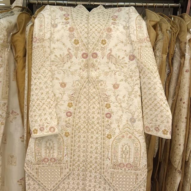 Cream with gold and pink accents Sherwani