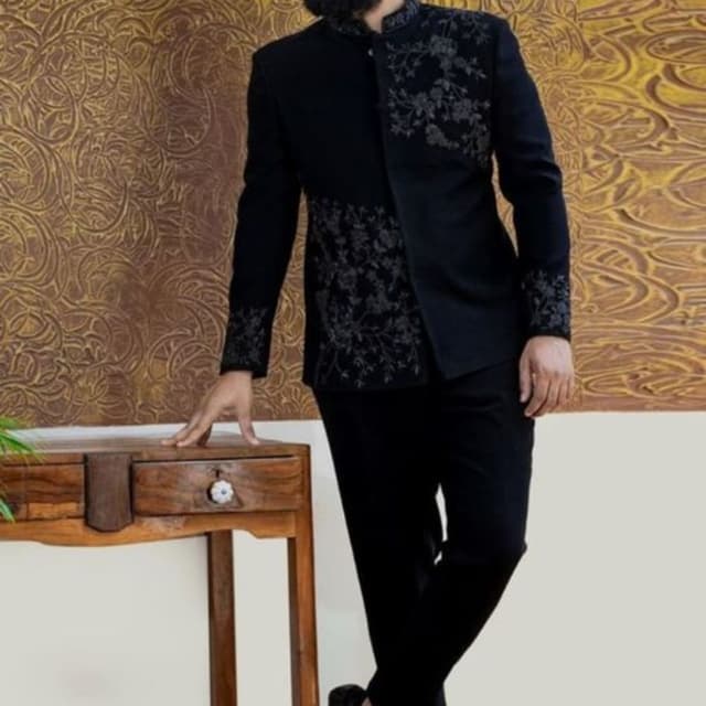 Black with grey embellishments Bandhgala Suit