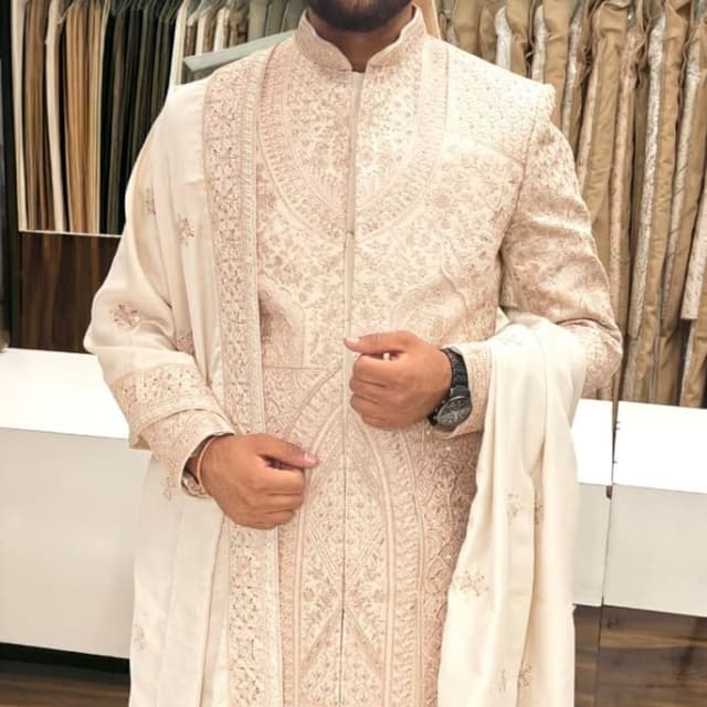 Cream, Beige Sherwani, Turban, Shawl