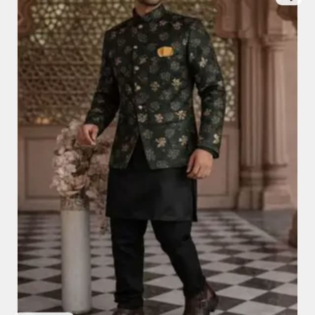 Dark Green with Gold/Beige accents, Black Jodhpuri Suit / Bandhgala with Kurta and Trousers