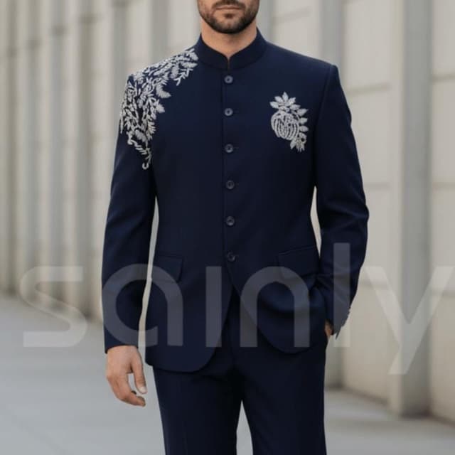 Navy Blue with Silver Embellishments Bandhgala Suit