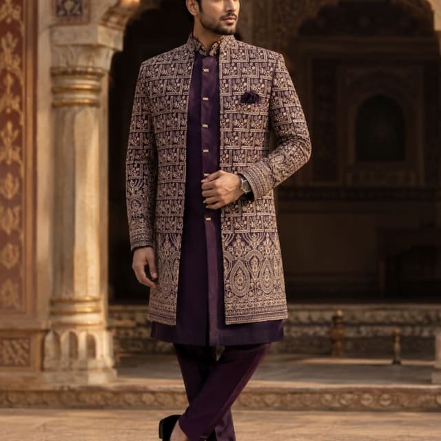 Deep Purple with Gold/Beige Embroidery Sherwani Set
