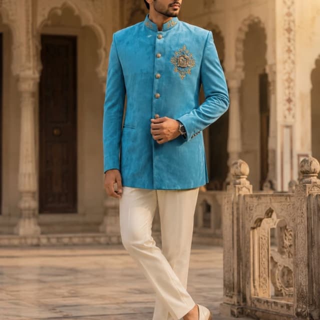 Turquoise, Cream, Gold Jodhpuri Suit