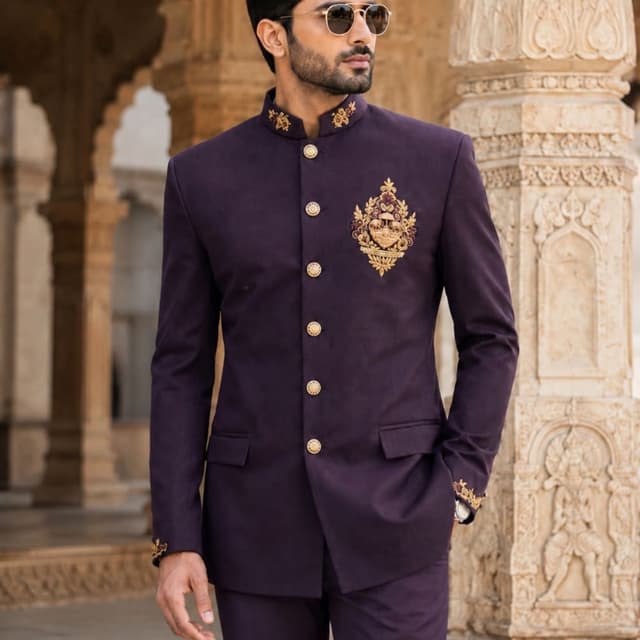 Deep purple with gold embroidery Jodhpuri Suit