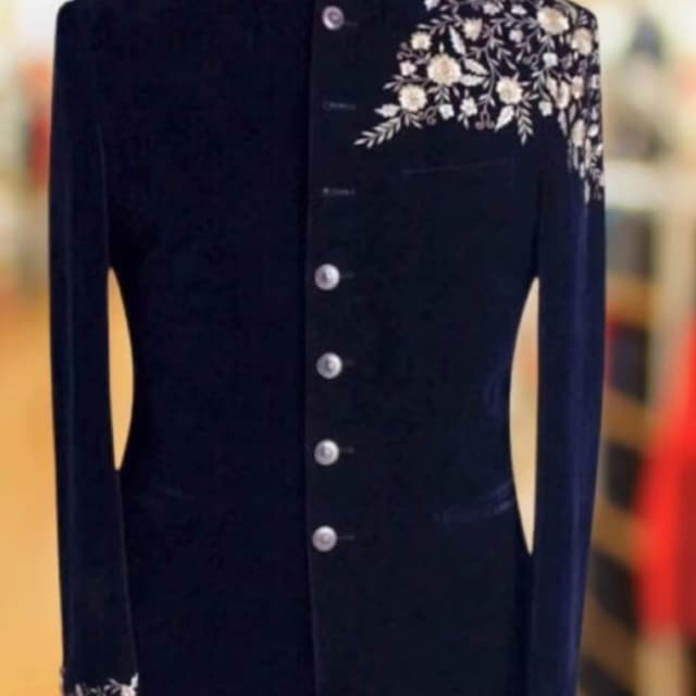 Deep Navy Blue and Off-White Bandhgala Jacket with Kurta