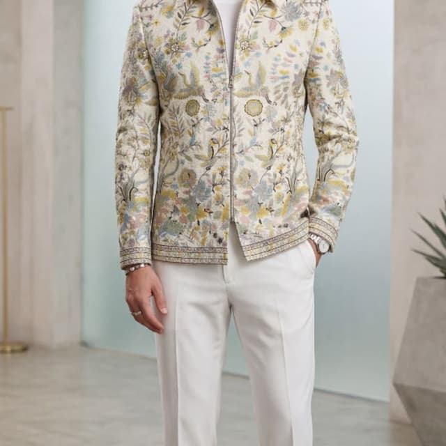 Cream with multi-colored embroidery (yellow, blue, green, pink, grey) Jacket