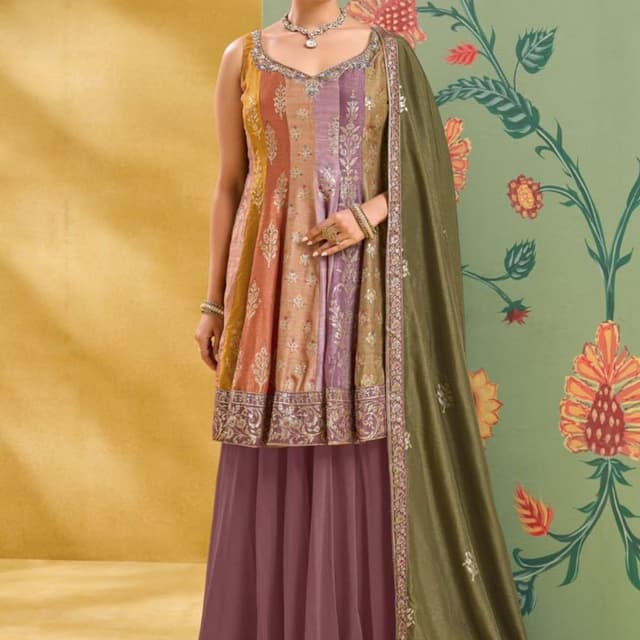 Multicolor (striped with shades of peach, beige, purple, and olive green) Sharara Suit