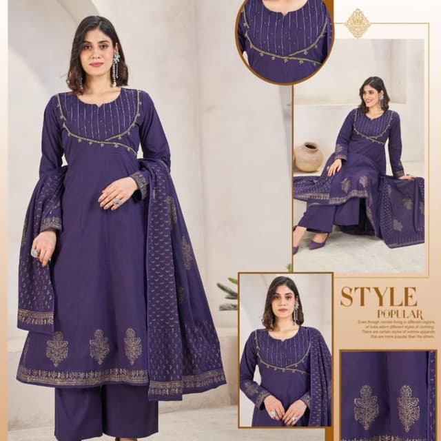 Deep Purple with Gold Kurta Set (Kurta, Palazzo Pants, Dupatta)