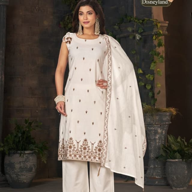 Off-white with brown embroidery Kurta with Palazzo and Dupatta