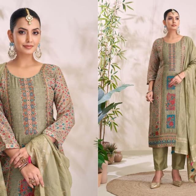 Sage green, beige, muted multi-color pattern (pink, blue, orange) Kurta and Dupatta Set