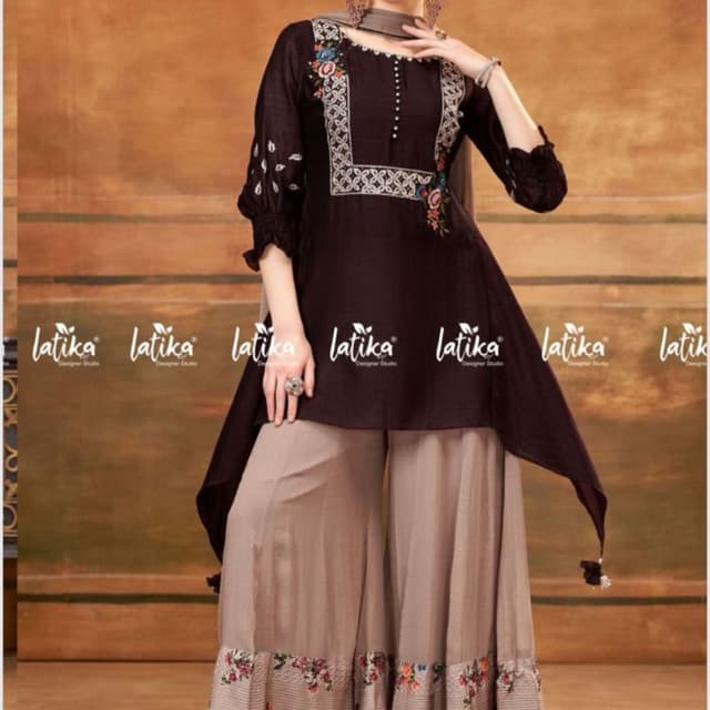 Dark Brown, Beige, Floral multi-color Kurta with Palazzo Pants and Dupatta