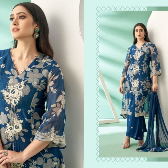 Deep Blue with Beige and White Floral Print Kurta with Trousers