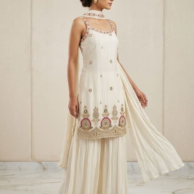 Cream, Gold, Pink, Green Sharara Set
