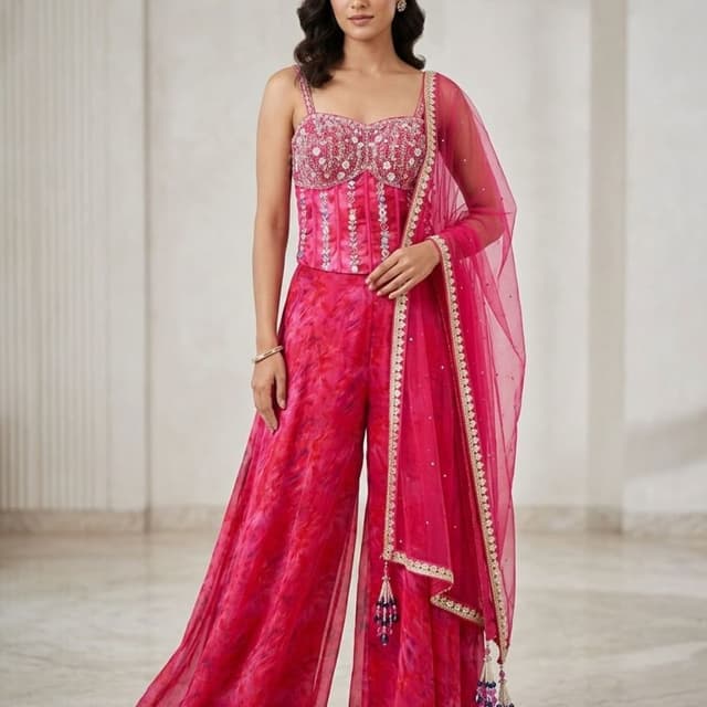 Hot Pink, Magenta, Red, White Jumpsuit with Dupatta