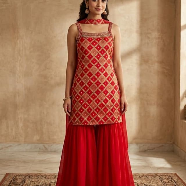 Red and Gold Sharara Set