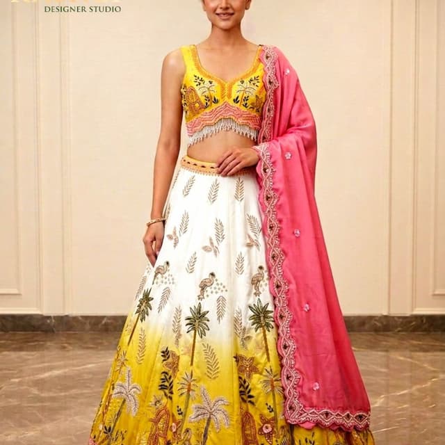 Yellow, White, Pink Lehenga Choli