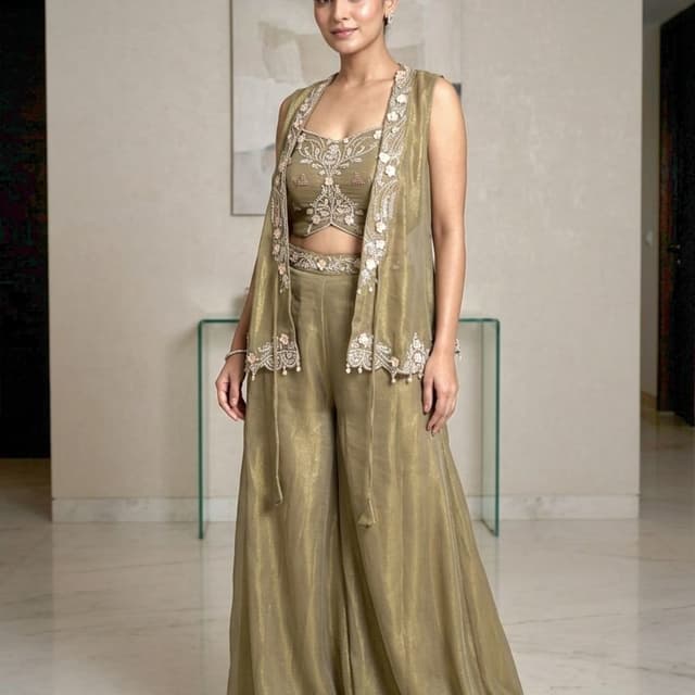 Olive Green, Peach, White Co-ord Set (Crop Top, Palazzo Pants, Jacket)