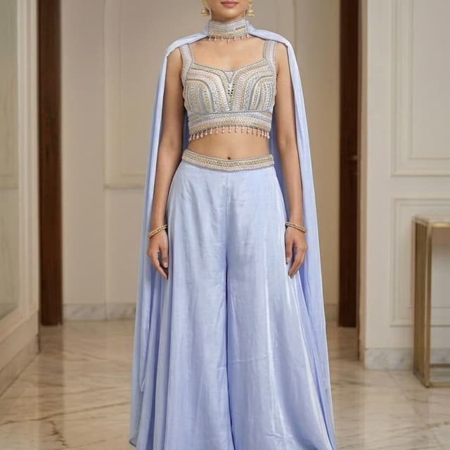 Powder blue, light gold, silver, blush pink Crop top with cape and palazzo pants