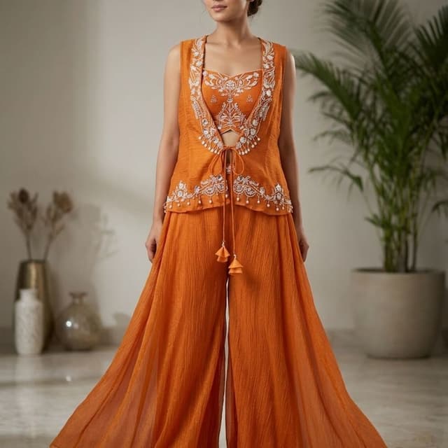 Orange Jacket, Crop Top, Palazzo Pants