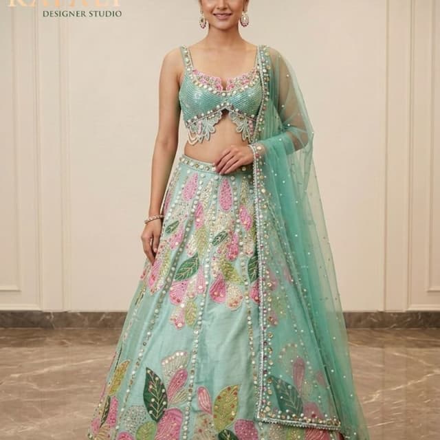 Mint green, pink, green, gold, white Lehenga Choli