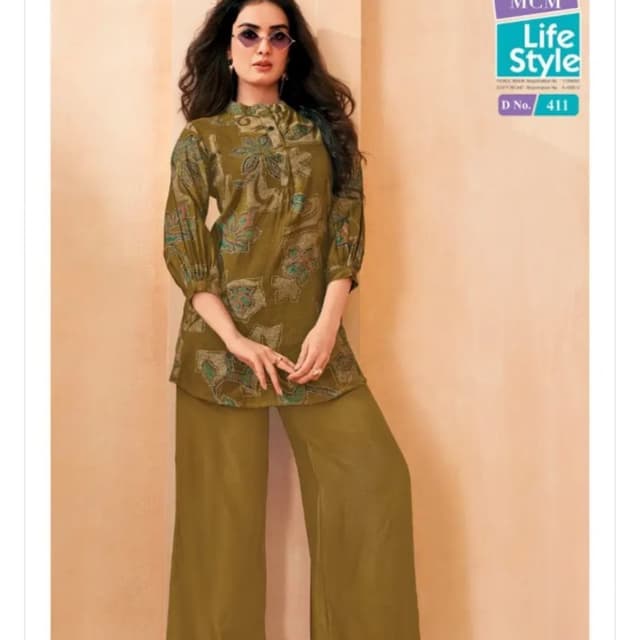 Olive green with floral print in shades of blue, green, and beige Kurti and Palazzo Set
