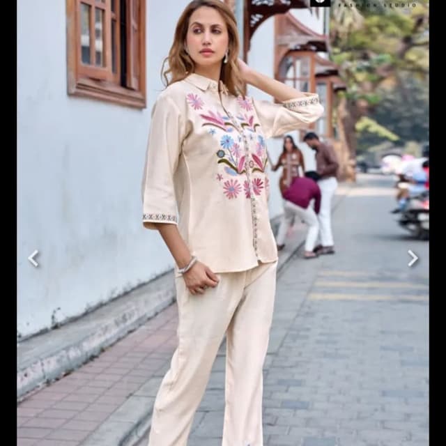 Cream, Pink, Blue, Green, White Co-ord Set (Top and Pants)