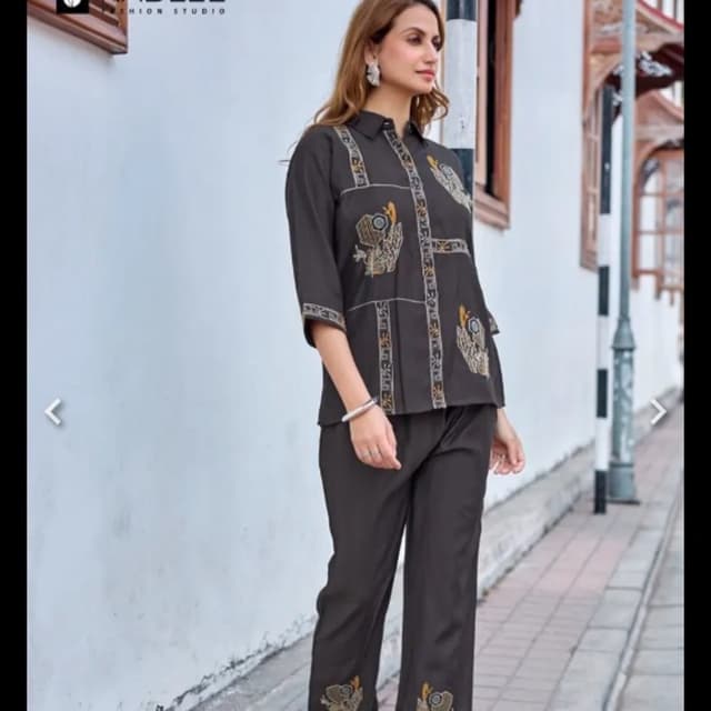 Dark Grey with Gold and White accents Kurta and Pants Set