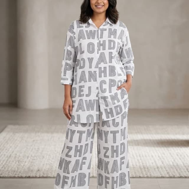 White with Black print Pajama Set (Shirt and Pants)