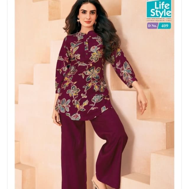Deep Plum with floral print in shades of cream, yellow, blue, and green Kurti and Palazzo Set