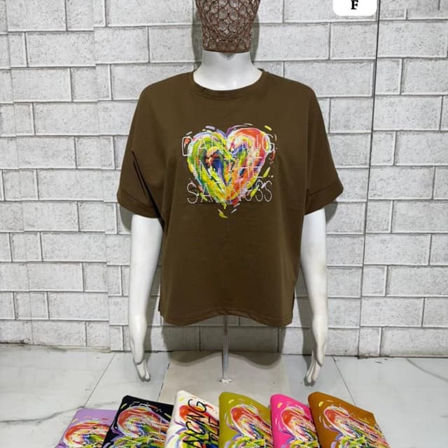 Brown with multi-colored heart graphic T-Shirt