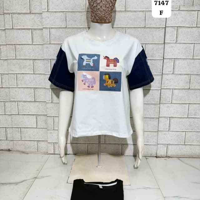 White, Denim Blue, Multi-color print T-Shirt
