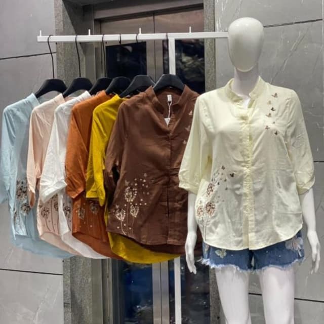 Pastel blue, peach, white, mustard yellow, brown, cream Shirt