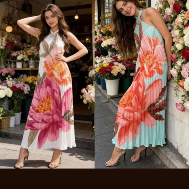 White with pink, orange, and yellow floral print; Light blue with pink and orange floral print Maxi Dress